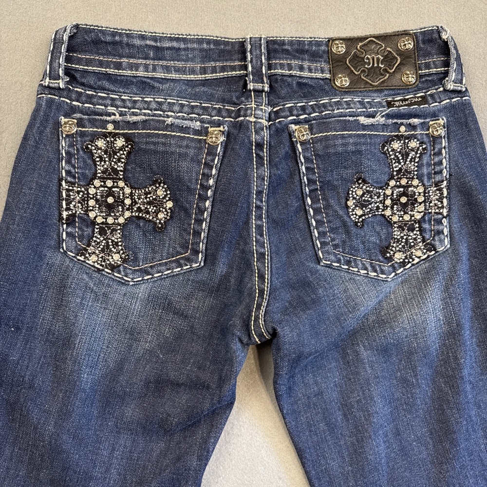 Miss Me Bermuda Denim shorts Blue 28 Studded Embroidered CROSS WHISKERING